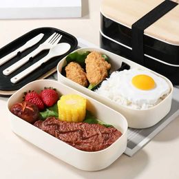 Bento Boxes Portable Leak-Proof Wooden Lunch Box with Tableware Japanese Style Double Layer Bento Box Perfect for School Fishing and Camping