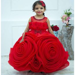 Flower Ball Lace Red Dresses Gown Organza Tiers Vintage Little Girl Christmas Peageant Birthday Christening Tutu Dress Gowns Zj423 s
