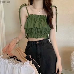 Women's Tanks Camis Womens 2023 new summer vest with pleated shoulder straps top high waisted sleeveless bra and open umbrella topL2404