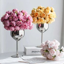 Dried Flowers Rose Pink Peony Artificial Flowers Silk Bouquet 27Heads Roses Fake Flower for Table Vase Arrange Home Wedding Decoration Flowers