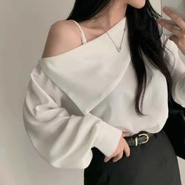 Women's Blouses Shirts Womens long light Slave shirt Swt skull neck sexy shoulder shirt white top loose fitting clothes spring autumn 8353 Y240426