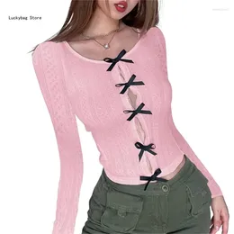 Women's T Shirts Women Long Sleeve Crop Top Bows Front Neck T-Shirt Casual Fitted Blouses Sexy Goings Out Streetwears