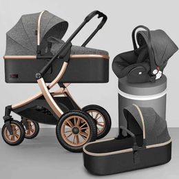 Strollers# 3-in-1 baby stroller high landscape folding leather Q240429