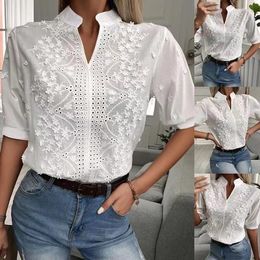 Women's Blouses Summer Floral Embroidery Lace Blouse Fashion Women V Neck Casual Shirt Chic Short Sleeve Hollow Out Tops Elegant Blusas Y2k