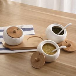 Dinnerware 3pcs Set Ceramic Salt Paper Jar With Spoon Wooden Tray Seasoning Box Bottle Sugar Household Kitchen Supplies