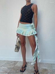 Skirts TARUXY Flower Splice Ruffle Mini For Women 2024 Summer Asymmetrical Bandage Skirt Femme Casual Street Fashion Woman