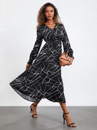 Casual Dresses Wsevypo Black Geometric Print Vintage Flowy Dress Women's Fall A-Line Lantern Sleeve V Neck Button Front Midi
