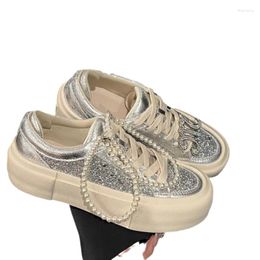 Casual Shoes Round Toe Lace Up Letter Versatile 2024 Thick Sole Sponge Cake Pearl Sequin Board Women