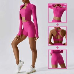 Women's Tracksuits 3 Piece Shorts Set for Women High-Waisted Pants Sports Bra Jacket Fitness Suit Shockproof Tight-Fitting Clothing Y240426