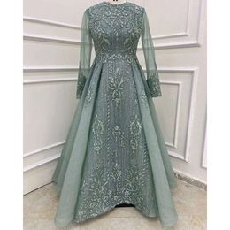 Arabic Plus Aso Size Ebi Muslim Lace Beaded Prom Dresses A Line Long Sleeves Vintage Evening Formal Party Second Reception Gowns Dress Zj