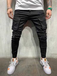 Men's Jeans Autumn High Quality Men Multi Pocket Ripped Black Casual Cargo Pants Hip Hop Slim Fit Denim Pencil Q240427