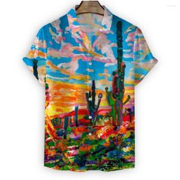 Men's Casual Shirts Oil Painting Cactus Hawaiian Print Fashion Short Sleeve Loose Harajuku Beach Men For