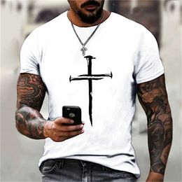 Men's T-Shirts Mens T Shirt Personality Casual Jesus Cross Printed Hip Hop Short Slve Round Sport T Shirt Oversized Men Clothing Tops Summer Y240429