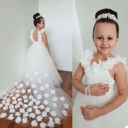 Dresses Handmade With Flower Ivory Straps Girls' Flowers Backless Tulle Train Floor Length A Line Little Girl Birthday Graduation Wedding Party Gown Vestidos s