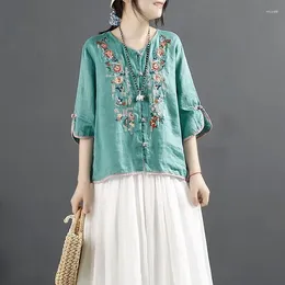 Women's Blouses Ethnic Style Buttoned Cotton And Linen Embroidered V-neck Shirt Summer Loose Top