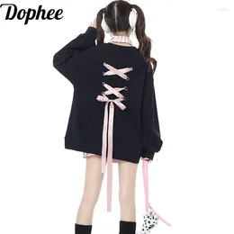 Women's Hoodies Dophee Original Spring Autumn Women Sweatshirts All-match Loose O-neck Pullover Top Cute Lace-up Bow Young Girls Casual
