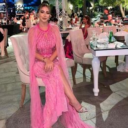 Party Dresses Luxury Dubai Pink Evening With Cape Sleeve Arabic Formal Prom Dress For Women Wedding
