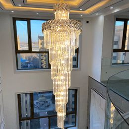 Top Luxury Villa Hall Chandelier Living Room Long Staircase Lighting Smoky Grey Crystal Led Lamp Gold Loft Hanging Light Fixture
