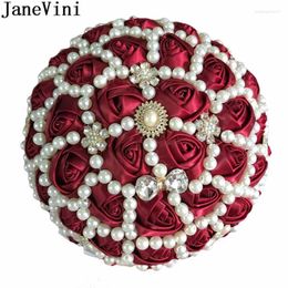 Wedding Flowers JaneVini Luxury Flores Burgundy Bridal Pearl Bouquets Beaded Satin Rose Ribbon Artificial Bride Bouquet Flower Custom