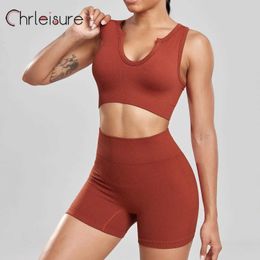 Women's Tracksuits CHRLEISURE V Ncek Bra Set Summer Ribbed Women 2Pcs Shorts Set Sexy One-Shoulder Crop Top Seamless Fitness Casual Gym Female Set Y240426