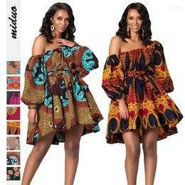 Casual Dresses African Women's Selling Print Fashion One-line Collar Oblique Shoulder Long Sleeve Dress With Belt Indonesian Skirt