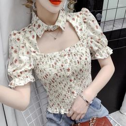 Women's Blouses Floral Printed Chiffon Women 2024 Summer Vintage Short Casual Blusas Korean Style Puff Sleeve Corset Crop Tops Ladies