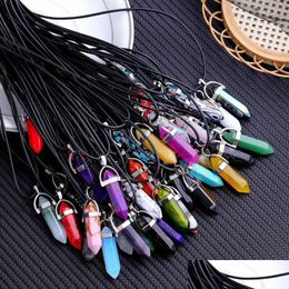 Pendant Necklaces Natural Stone Crystal Necklace Pu Leather Rope Couple Gift Lucky Hexagon Pillar For Men Women Energy Drop Dhgarden Dhccr