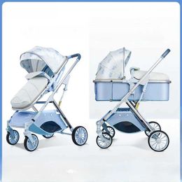 Strollers# The new 2024 baby stroller can sit down or lie with foldable four-wheel wheels high visibility shock absorption and a newborn in blue Q240429