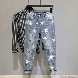 Men's Jeans Trousers Star Mens Cropped Elastic Light Blue Printed Clothing Y2k 2000 Spring/Summer Wash Q240427