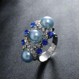 Cluster Rings Silver Color Light Blue Pearl Beads Crystal Rhinestone Adjustable For Women Girls Fashion Wedding Party Jewelry