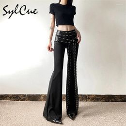 Women's Pants Sylcue 2024 Summer Black Mysterious Fashion Personalised High Street All-match Youth Cool Women Chain Flared Trousers