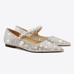 Pearl Flat Shoes Women Basic 2024 Fashion Suede Shiny Rhinestones Pointed Pearl Flats Fashion Party Sexy Mary Jane Women Shoes
