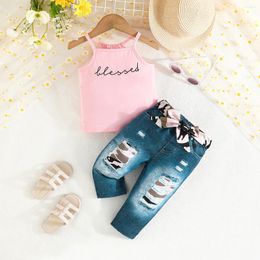 Clothing Sets Summer Girls Baby Sleeveless Letter Print Camisole Tops Ripped Denim Pants Jeans Children's Casual