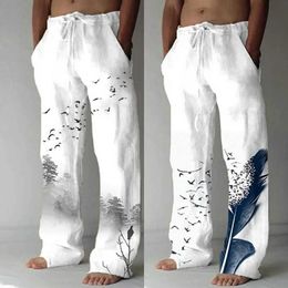 Men's Pants Vintage mens beach pants solid Colour flying bird print summer lace elastic waist wide leg casual street clothing Q240429