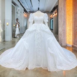 Hire Lnyer O-Neck Long Sleeve Pearls Sequins Appliques Lace Gorgeous Ball Gown Wedding Dresses With Long Train