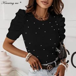 Women's T Shirts Office Lady Pruff Short Sleeve Blouse Women Casual O Neck Beads Rib Slim Pullover Top Female Fashion Solid Color Tops