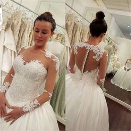 Hochzeitskleider wunderschönes Ball langes Kleid mit Ärmeln Tüll Satin Spitze Applique sexy Illusion Mieder bedeckte Knöpfe zurückgepenner Made Vestido de Novia