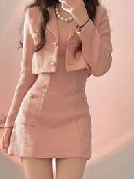 Autumn Pink Elegant Two Piece Set Women Korean Style Balzer CoatStrap Mini Dress Female Solid Casual Slim Designer 240425