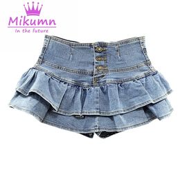 Harajuku Girl High Waist Single-Breasted Ruffles Cake Denim Skirt Woman Summer Sexy Jeans Skirts Students Kawaii Pleated Skirt 240415