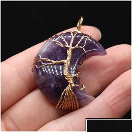 Pendant Necklaces Pendant Necklaces Natural Stone Pendants Gold Color Wire Wrap Moon Amethysts Black Agates For Jewelry Maki Dhgarden Dhes6