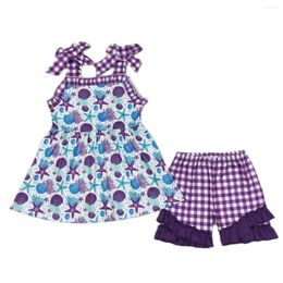 Clothing Sets Wholesale Toddler Kids Sleeveless Tunic Purple Plaid Shorts Baby Girl Boutique Set Children Summer Infant Two Pieces Outfit