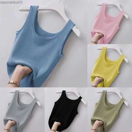 Women's Tanks Camis 2024 New Womens T-shirt Top Tank Solid Knitted Tank Top Summer Plain Fit Sleeveless Womens Tank Top Casual FashionL24029