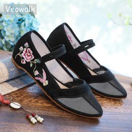 Casual Shoes Veowalk Gauze Pointed Toe Women Cotton Ballet Flats Chinese Vintage Embroidered Ladies Summer See Through Canvas