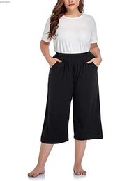 Women's Pants Capris In the summer of 2023 a new womens plus size high elastic fabric pocket design with solid Colour casual cropped pantsL240429
