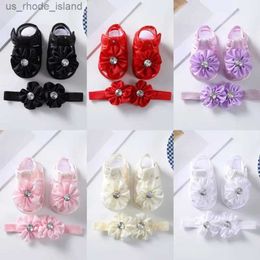 Sandals Summer baby girl flower sandals+headband baby and toddler anti slip princess first walking immersion shoesL240429