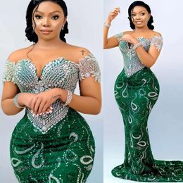 Aso Mermaid Green 2024 EBI PROM Dress Pärled Crystals Sequined Evening Party Party Second Reception 50th Birthday Engagement Gowns Dresses Robe de Soiree ZJ145 ES