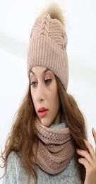 Knitted Warm Wool Ball Hats Women Beanie Autumn Winter New Bib Two Piece Suit Womans Outdoor Hightquality Design Hat98622666114027