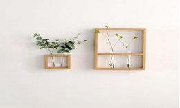 Nordic Style Crafts Solid Wall Hanging Clear Glass Tube Rack Wooden Flower Vase Hydroponic Plant Pot for Home Decoration1811117