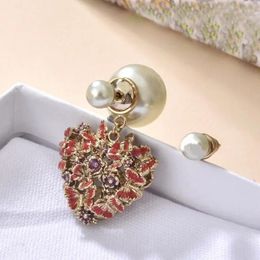 Stud Earrings Arrivals Big Pearls Retro Brass Love Heart Red Rose Flower Women Fine Party Jewelry Gift