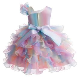 Girl's Dresses Girls New Bow Sequin Mesh Asymmetrical Collar Fluffy Skirt Sticker Birthday Party Stage Performance Dress